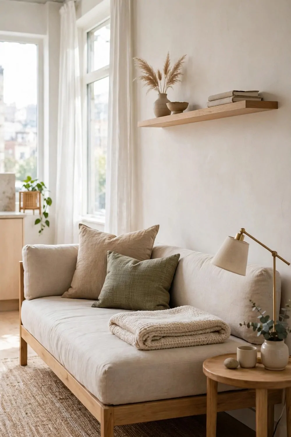 A daybed styled as a sofa with cushions and a throw against a long wall in a studio apartment