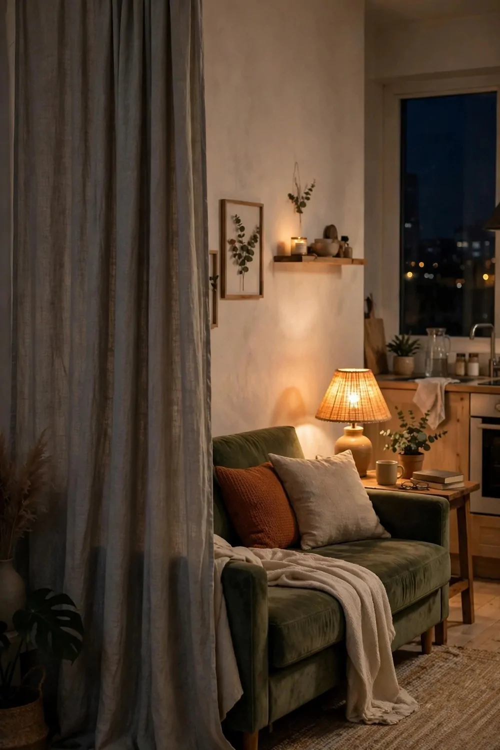 A studio apartment at night with the bed curtain drawn and a warm lamp glowing by the sofa