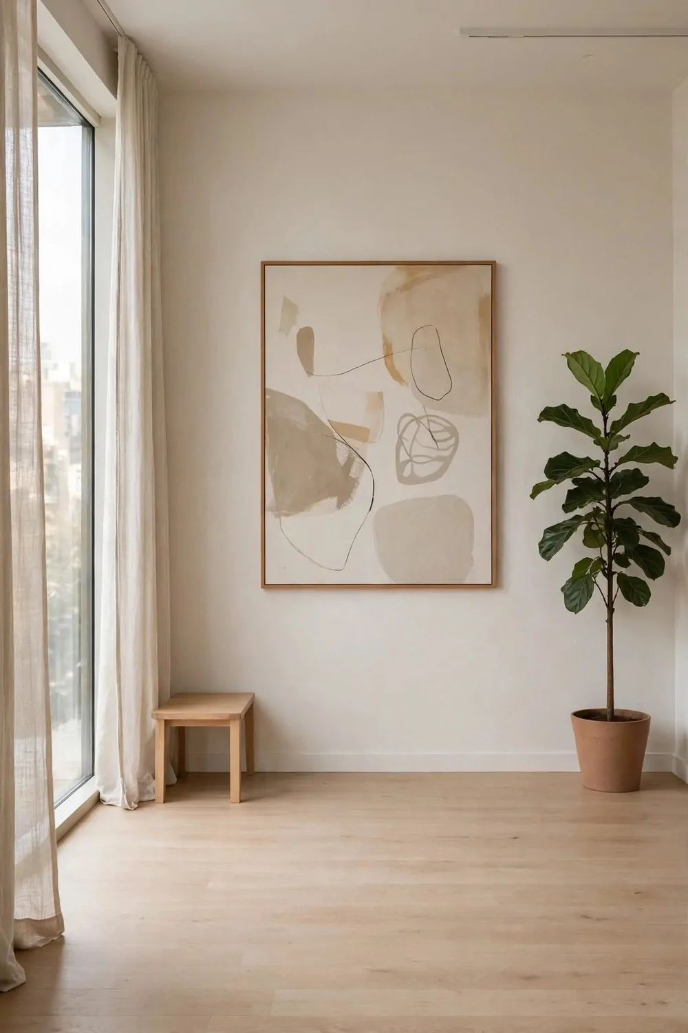 A nearly empty calm studio apartment with very little furniture, one tall plant and one large artwork