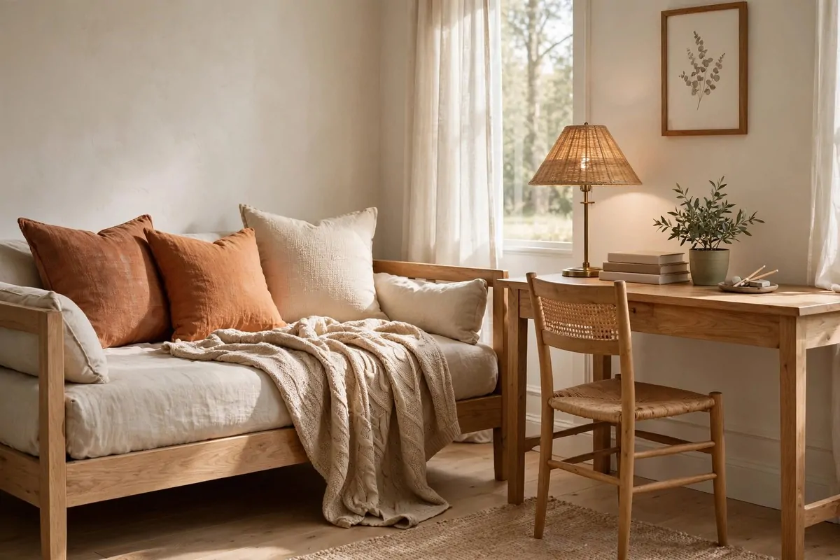 Spare bedroom styled as a home office and guest room