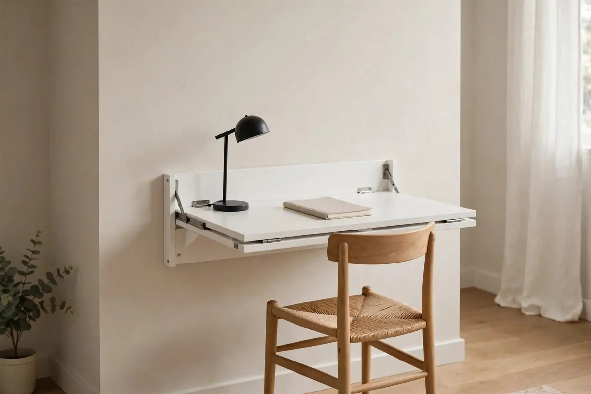 Small corner desk with a shelf above it in a spare bedroom corner