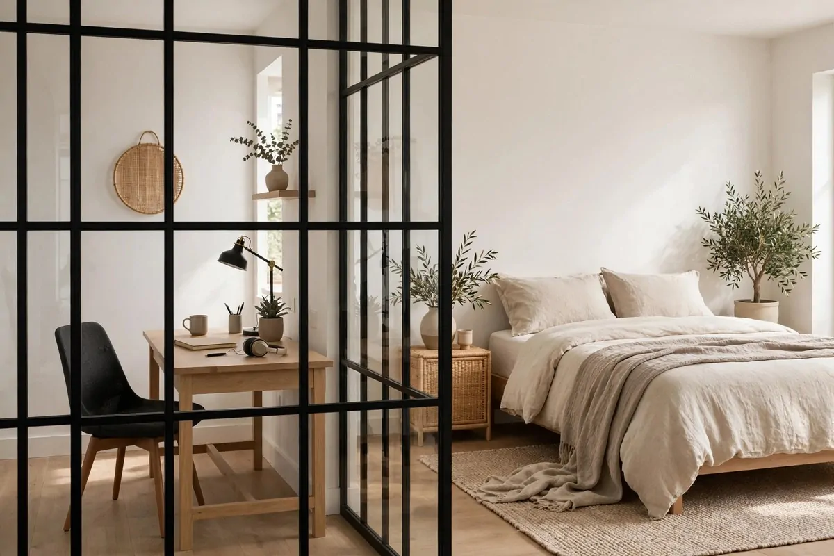 Desk built into a wall alcove in a spare bedroom