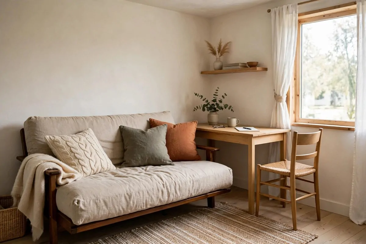 Futon couch and desk in a small spare room