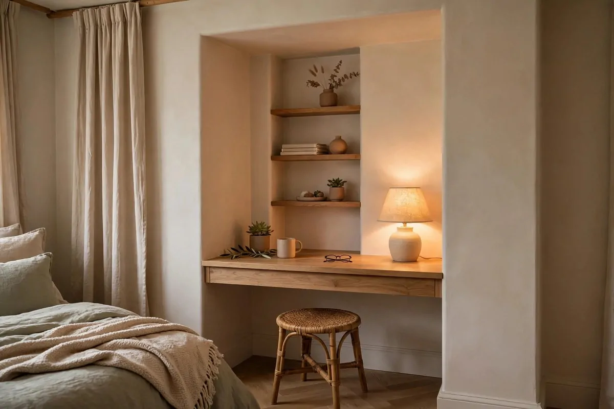 Murphy bed folded up on the wall with a desk beneath it