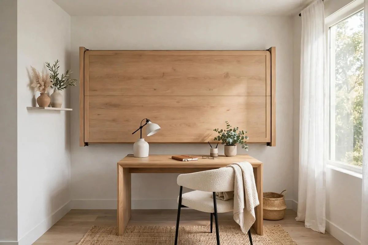 Black-framed glass partition separating the desk zone in a spare bedroom