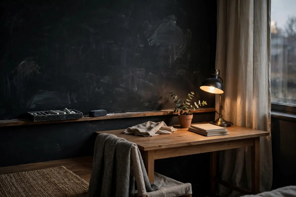 Desk under a bright window with plants in a spare bedroom