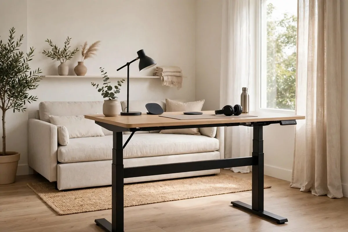 Standing desk with a sleeper sofa behind it in a spare bedroom