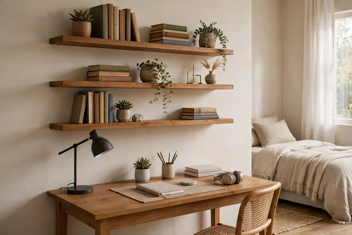 Home office corner painted deep green in a neutral spare room