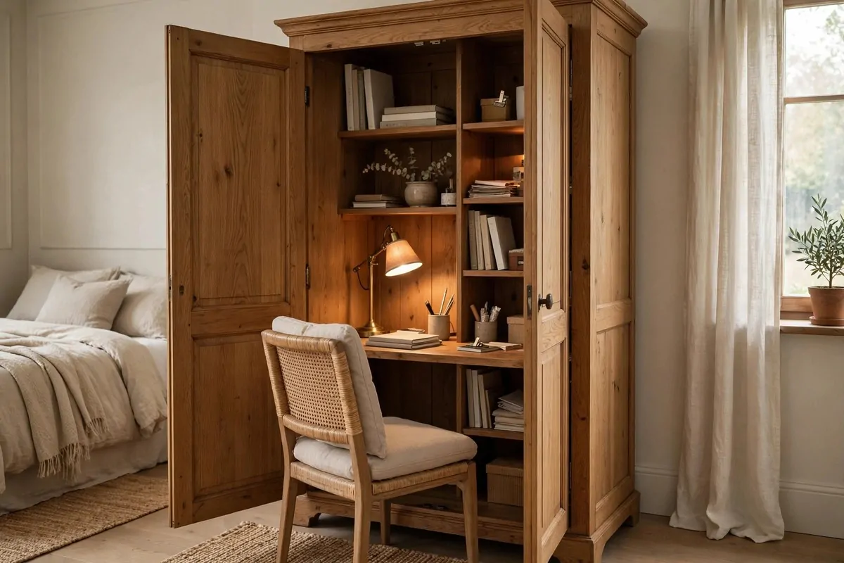 Armoire cabinet half open revealing a desk inside