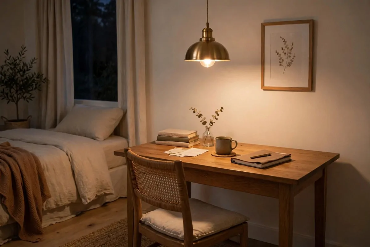 Floating shelves with books and plants above a desk