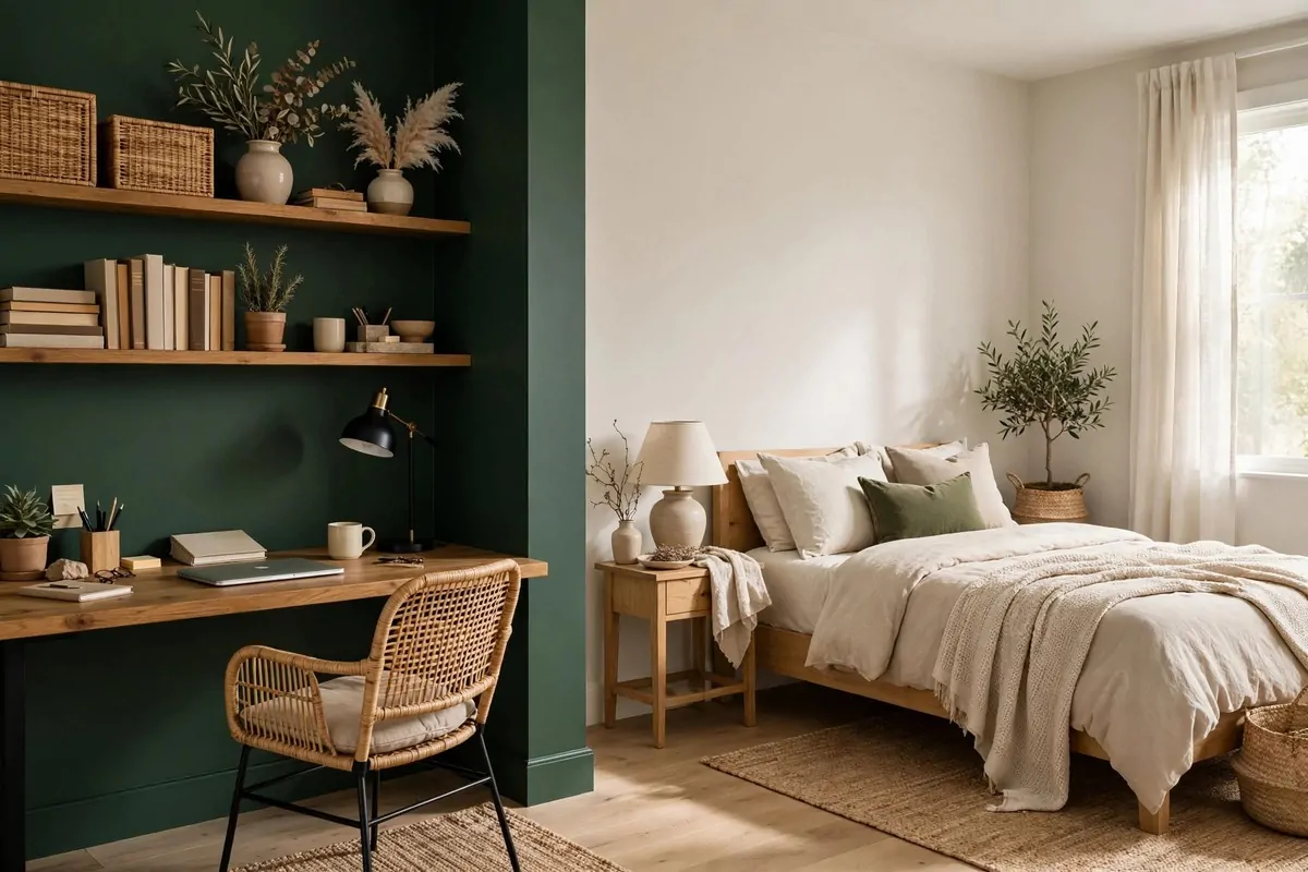 Brass pendant light glowing over a desk in a spare bedroom