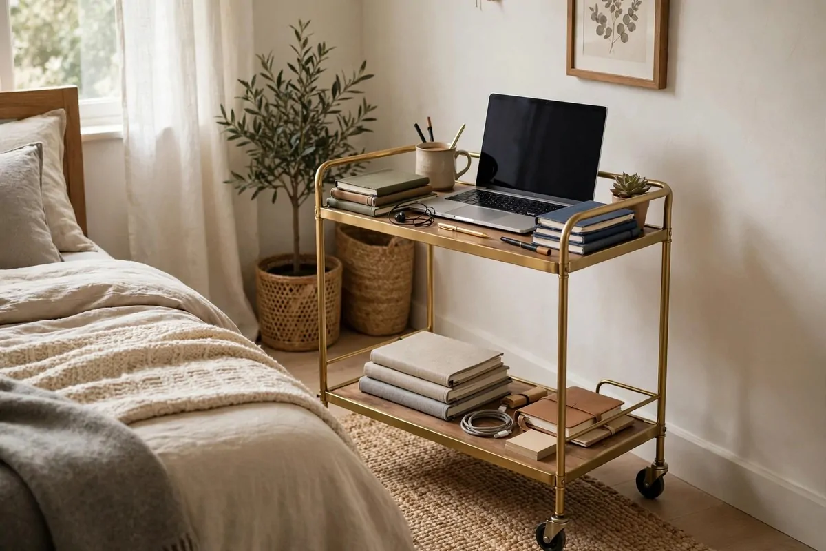Rolling bar cart styled as a mobile office in a spare bedroom
