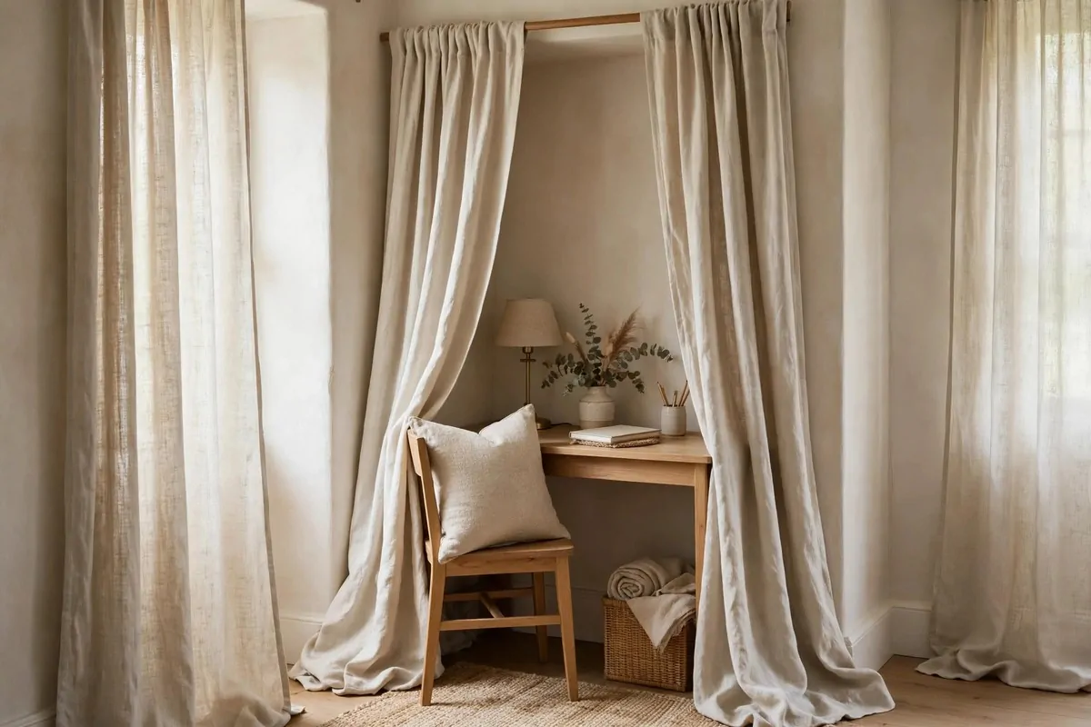 Linen curtain nook with a desk in a spare room