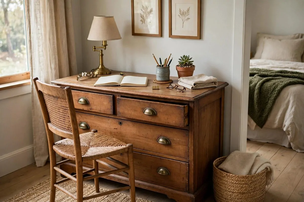 Warm minimalist spare bedroom office in wood and wool textures