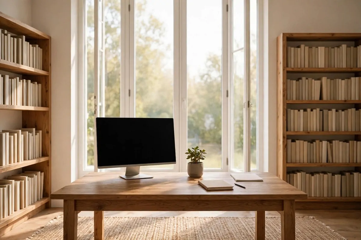 A wooden desk in front of tall windows with a blank black monitor, a small potted plant, two blank notebooks and a pen, a woven rug below, and wooden bookshelves with plain books on both sides.