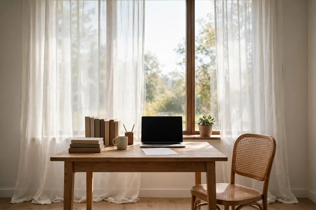 22 Work Office Inspiration Ideas for a Desk You'll Love 1 A wooden desk facing a tall window with sheer curtains, a laptop with a blank black screen, a blank sheet of paper, a mug and plain books, a potted plant on the windowsill, and a cane chair beside the desk.