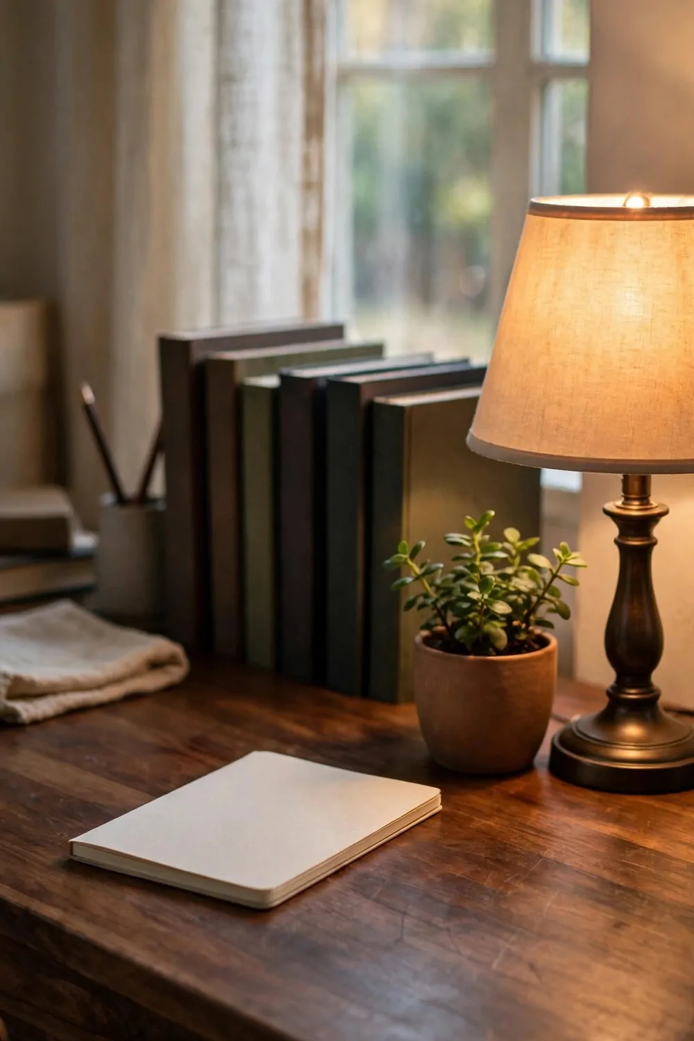 22 Work Office Inspiration Ideas for a Desk You'll Love 2 A warm dark wood desk with a glowing table lamp at the right edge, a blank notebook, a small potted plant in a terracotta pot, and plain books standing behind.