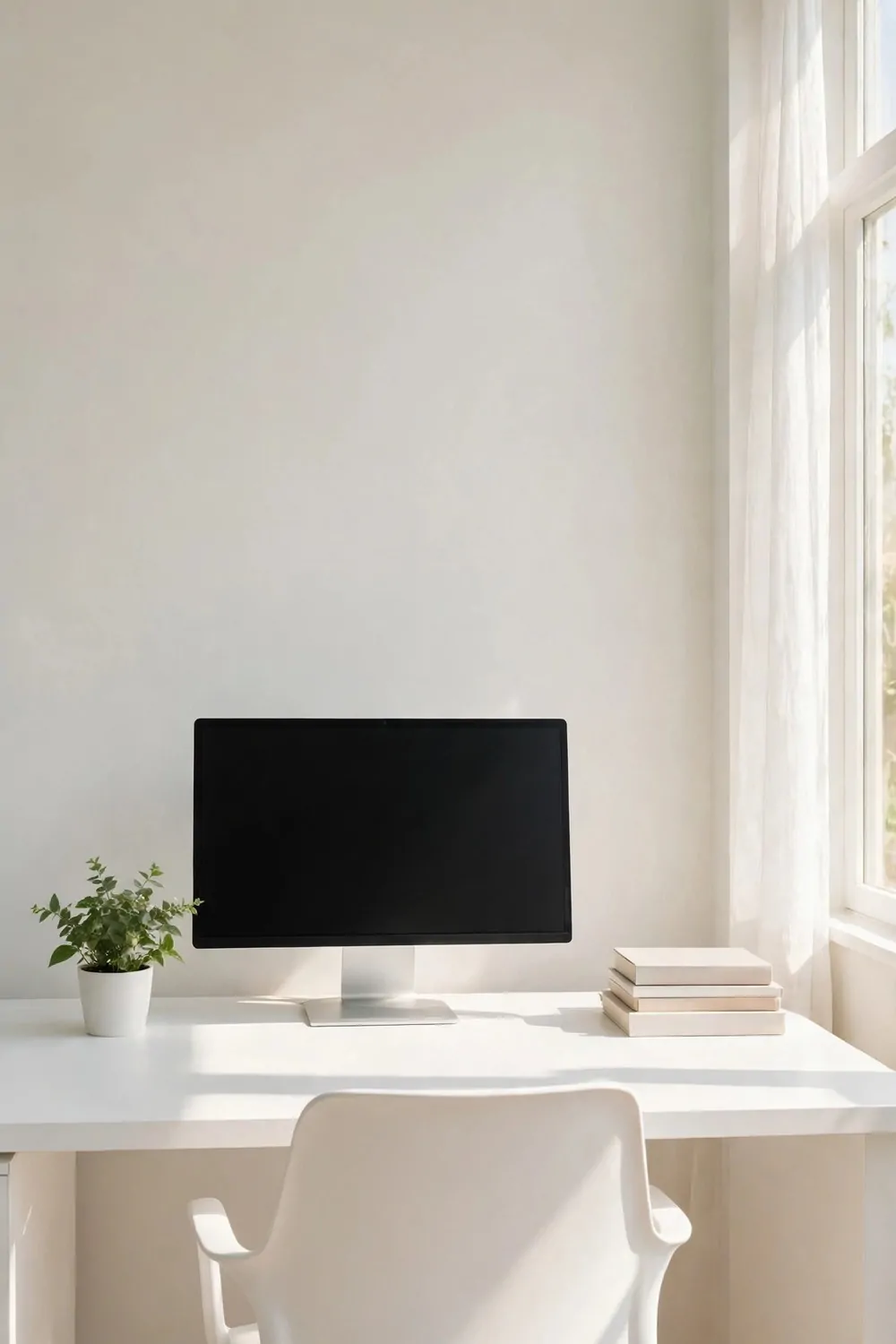 22 Work Office Inspiration Ideas for a Desk You'll Love 3 A white desk with a blank black monitor, a small green plant in a white pot, a stack of plain books, the back of a white chair in the foreground, and a pale wall with a sheer-curtained window at the right in bright light.