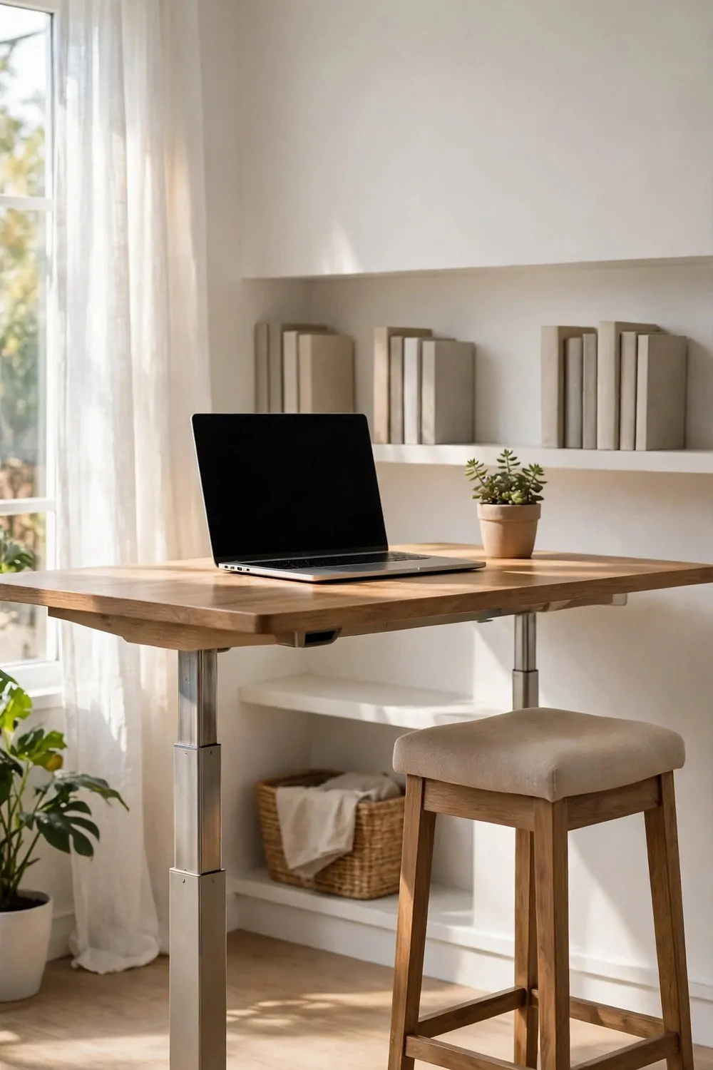 22 Work Office Inspiration Ideas for a Desk You'll Love 4 A raised wooden standing desk with metal legs holding a laptop with a blank black screen and a small potted plant, a tall upholstered stool beside it, white shelves with plain books behind, and a large potted plant by a sheer-curtained window.