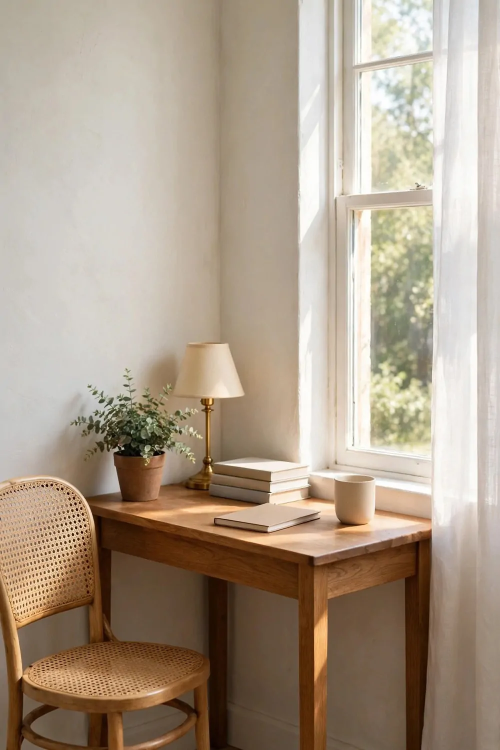 22 Work Office Inspiration Ideas for a Desk You'll Love 5 A wooden desk fitted into a pale corner beside a bright window with sheer curtains, with a cane chair, a brass table lamp, a potted leafy plant, a stack of plain books, a closed notebook, and a plain mug on the desk.
