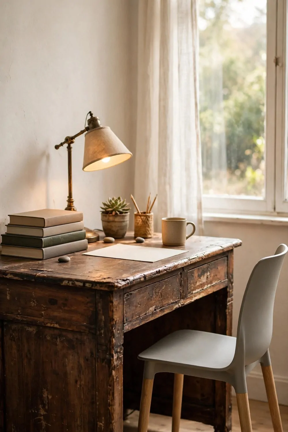 22 Work Office Inspiration Ideas for a Desk You'll Love 6 A worn antique wooden desk with aged patina beside a bright window with sheer curtains, with a modern light grey chair, a lit brass lamp, a stack of plain books, a small potted succulent, a blank sheet of paper, and a plain mug on the desk.