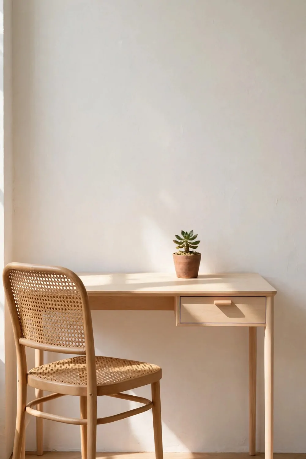 22 Work Office Inspiration Ideas for a Desk You'll Love 7 A minimal light wood desk with slim legs and one single drawer holding only a small potted succulent, with a cane chair in front and a bare pale wall behind, in warm sunlight.