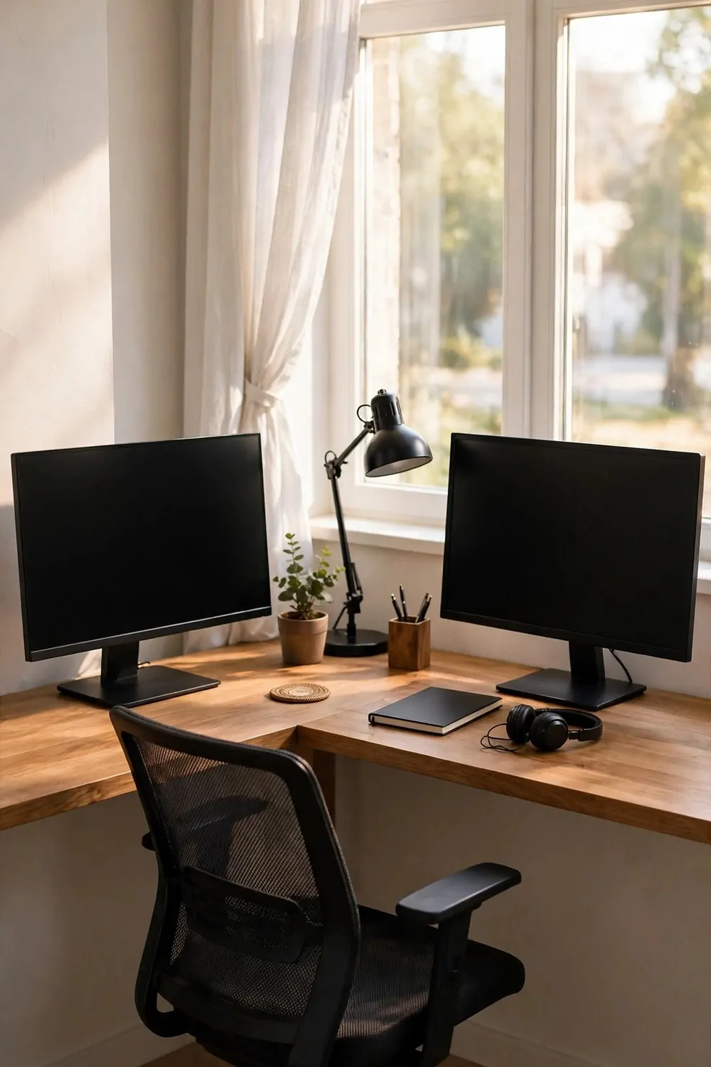 22 Work Office Inspiration Ideas for a Desk You'll Love 8 A compact L-shaped wooden desk wrapping a corner under bright windows with sheer curtains, with two blank black monitors, a black desk lamp, a small potted plant, a closed black notebook, headphones, and a black mesh office chair in front.