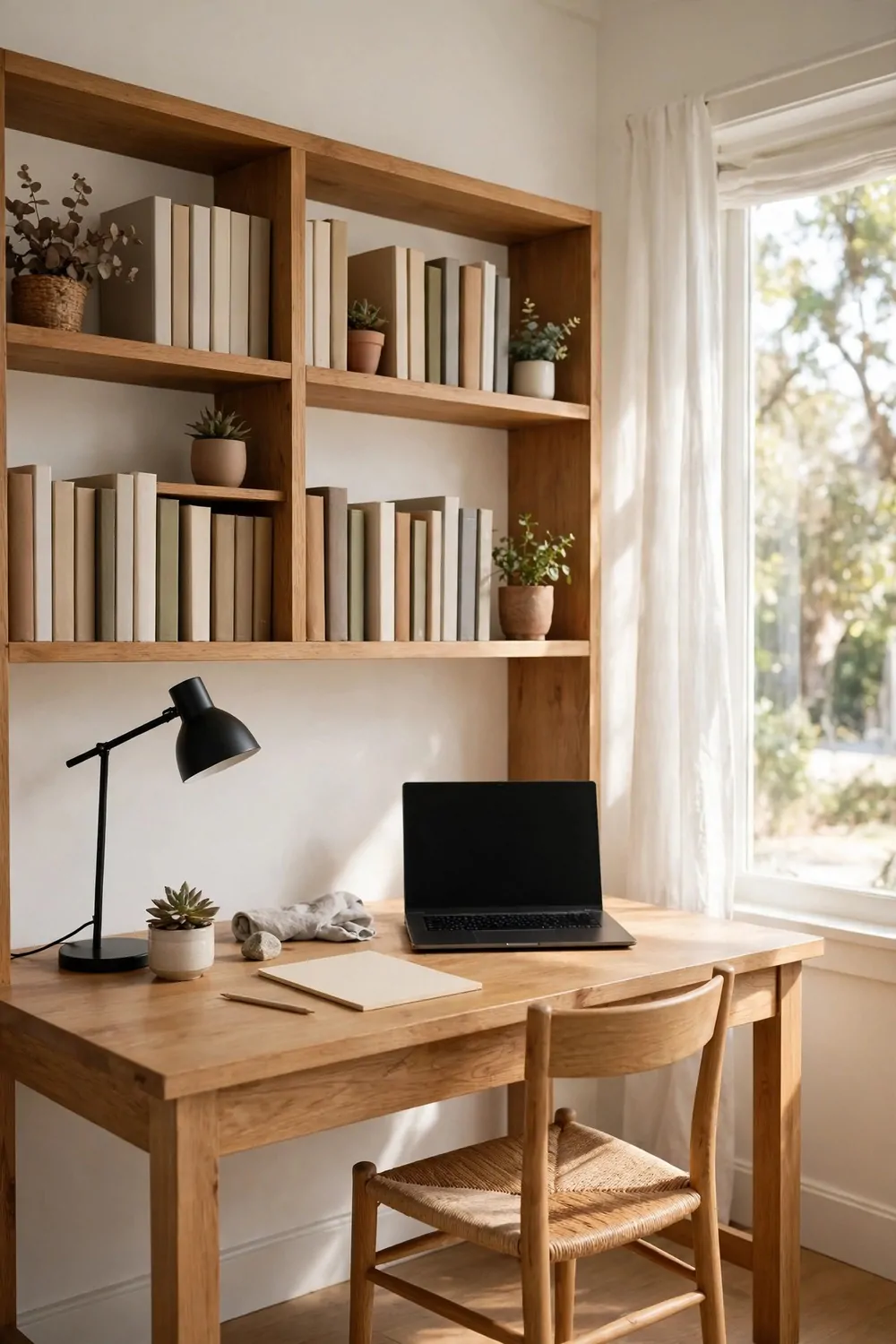 22 Work Office Inspiration Ideas for a Desk You'll Love 9 A wooden desk with a built-in bookshelf hutch above holding plain-spined books and small potted plants, a black desk lamp, a laptop with a blank black screen, a blank notebook, and a woven wooden chair beside a bright window with sheer curtains.
