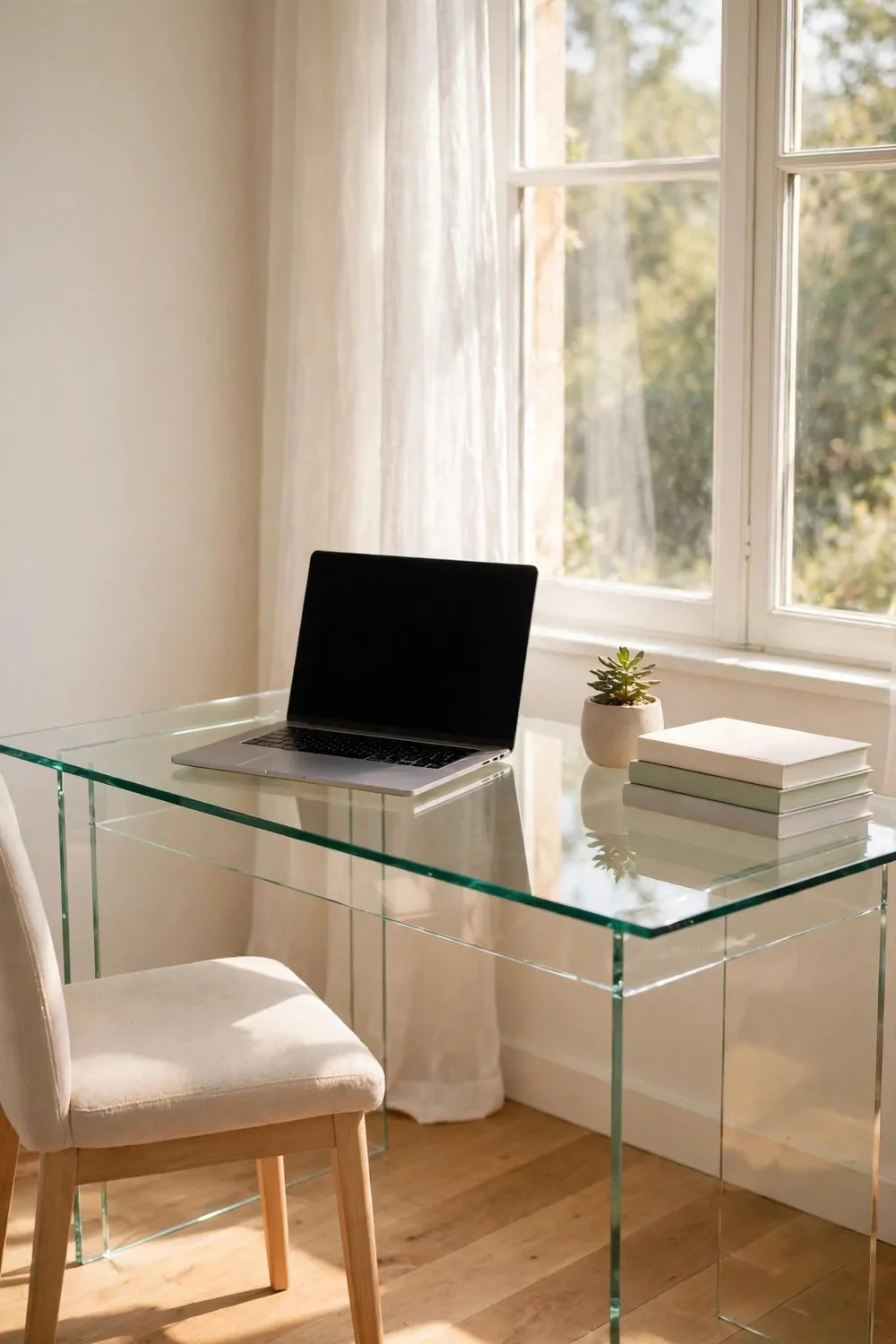 22 Work Office Inspiration Ideas for a Desk You'll Love 10 A clear glass desk in a bright corner by a window, a laptop with a blank black screen, a small potted succulent, a stack of three plain books, a light upholstered chair, and a wooden floor visible through the glass top.