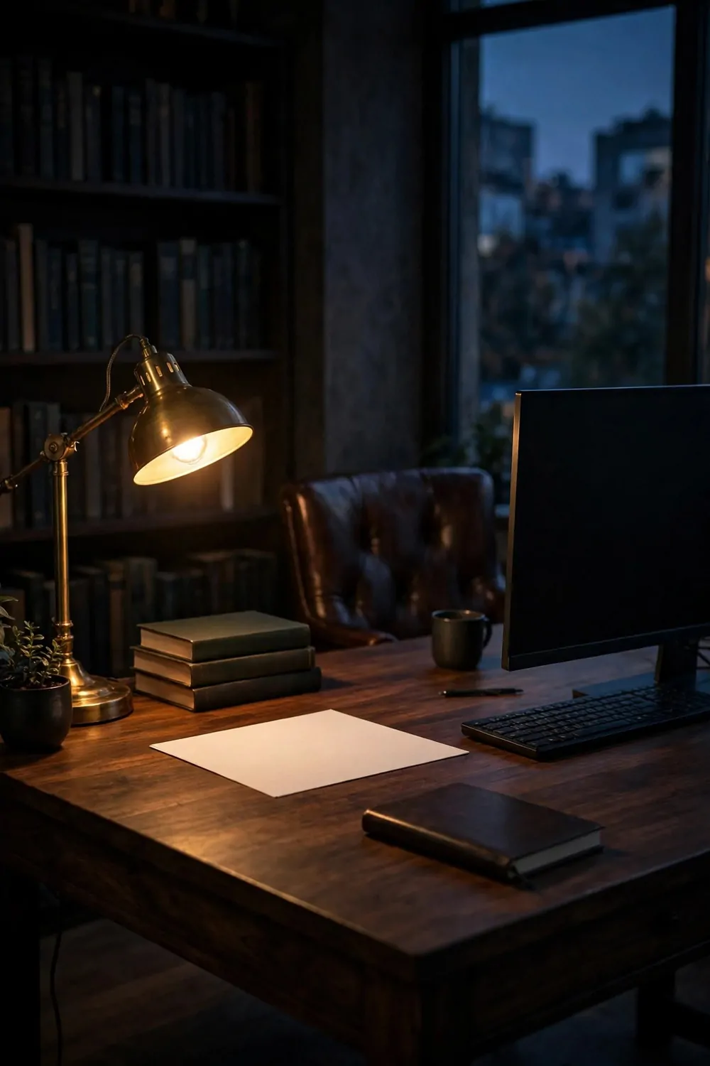 22 Work Office Inspiration Ideas for a Desk You'll Love 11 A dark walnut desk lit by a warmly glowing brass task lamp, a tufted brown leather chair, a stack of plain dark books, a blank sheet of paper, a blank black monitor with keyboard, a mug, and a dark bookshelf with an evening window behind.