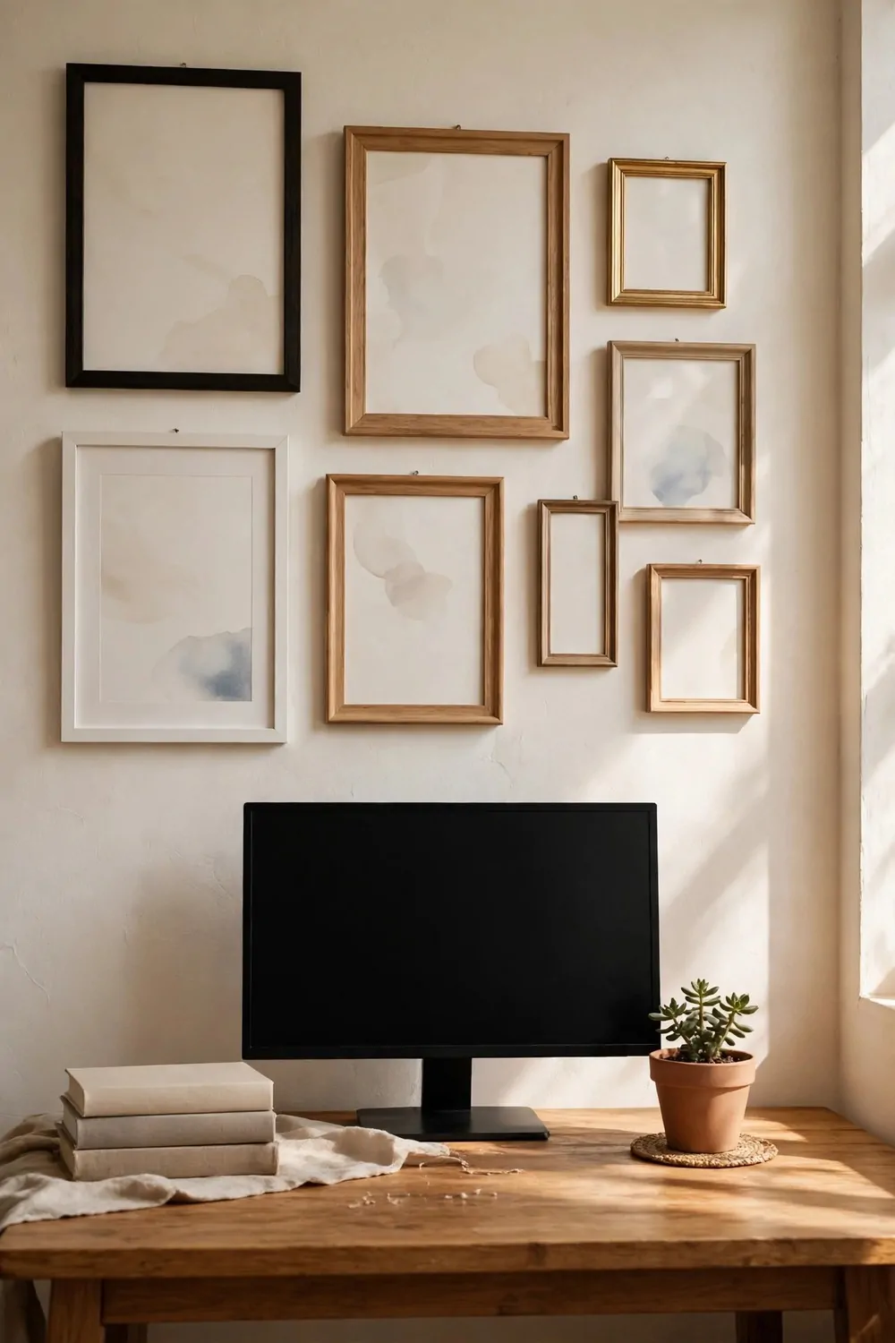 22 Work Office Inspiration Ideas for a Desk You'll Love 12 A wooden desk below a gallery wall of seven mixed frames with blank mats and faint pale abstract washes, a blank black monitor, a terracotta-potted succulent, and a stack of three plain books.