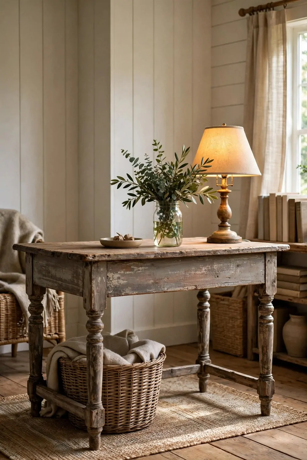 22 Work Office Inspiration Ideas for a Desk You'll Love 13 A distressed-wood farmhouse desk with turned legs, a woven basket holding a folded blanket underneath, a mason jar with greenery and a warm glowing lamp on top, and plain books on a shelf at the right.