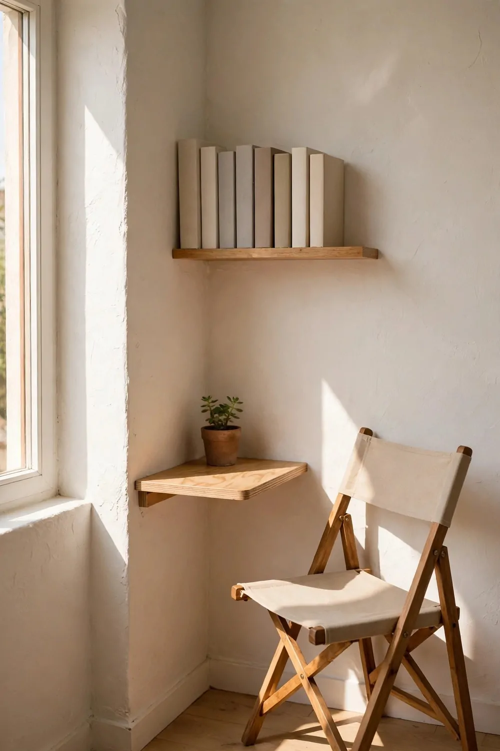 22 Work Office Inspiration Ideas for a Desk You'll Love 14 A slim wooden desk tucked into a bright white corner nook, a single wall shelf above holding plain books, a small potted plant on the desk, and a wooden folding chair with a canvas seat and back.