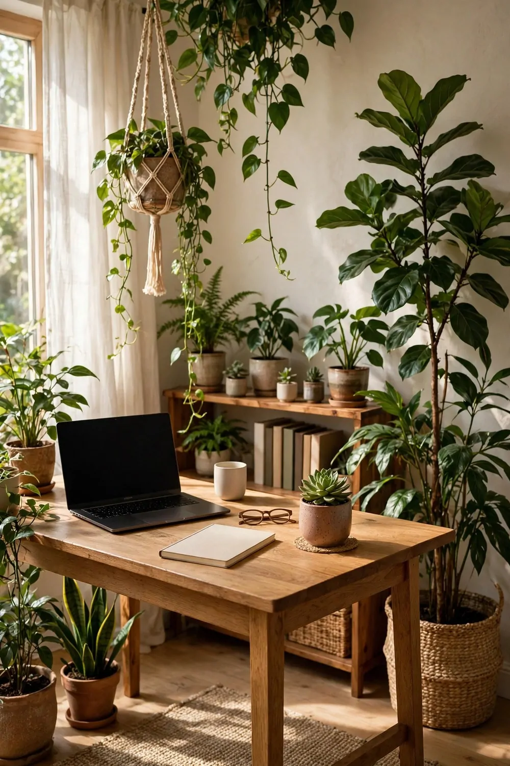 22 Work Office Inspiration Ideas for a Desk You'll Love 15 A wooden desk with a blank-screen laptop, a blank notebook and a small potted succulent, surrounded by lush potted plants including a tall floor plant in a woven basket and a trailing hanging plant, with a plant and book shelf behind.