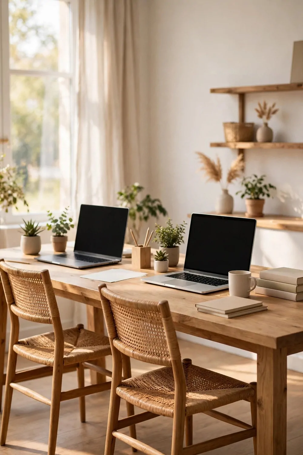22 Work Office Inspiration Ideas for a Desk You'll Love 16 A long shared wooden desk with two matching woven rattan chairs, two laptops with blank black screens, small potted plants, blank paper and plain stacked books, with shelves holding vases and plants behind and a bright window at the left.