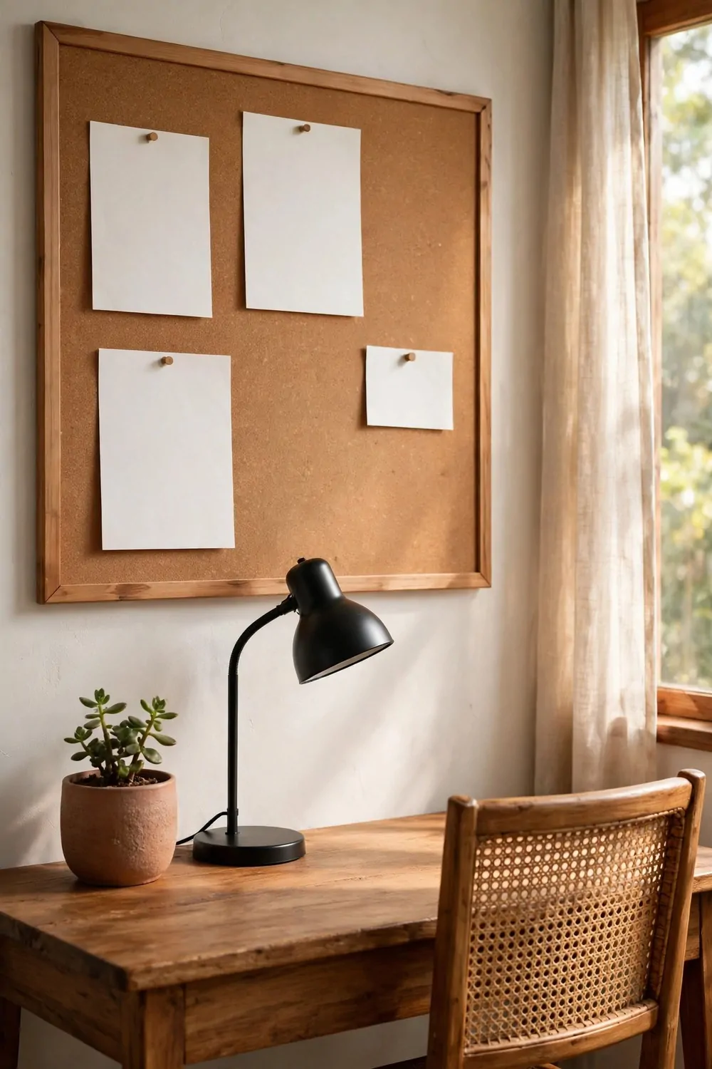 22 Work Office Inspiration Ideas for a Desk You'll Love 17 A cork pinboard with four blank pinned sheets above a wooden desk with a black desk lamp, a potted succulent, and a cane chair beside a curtained window.