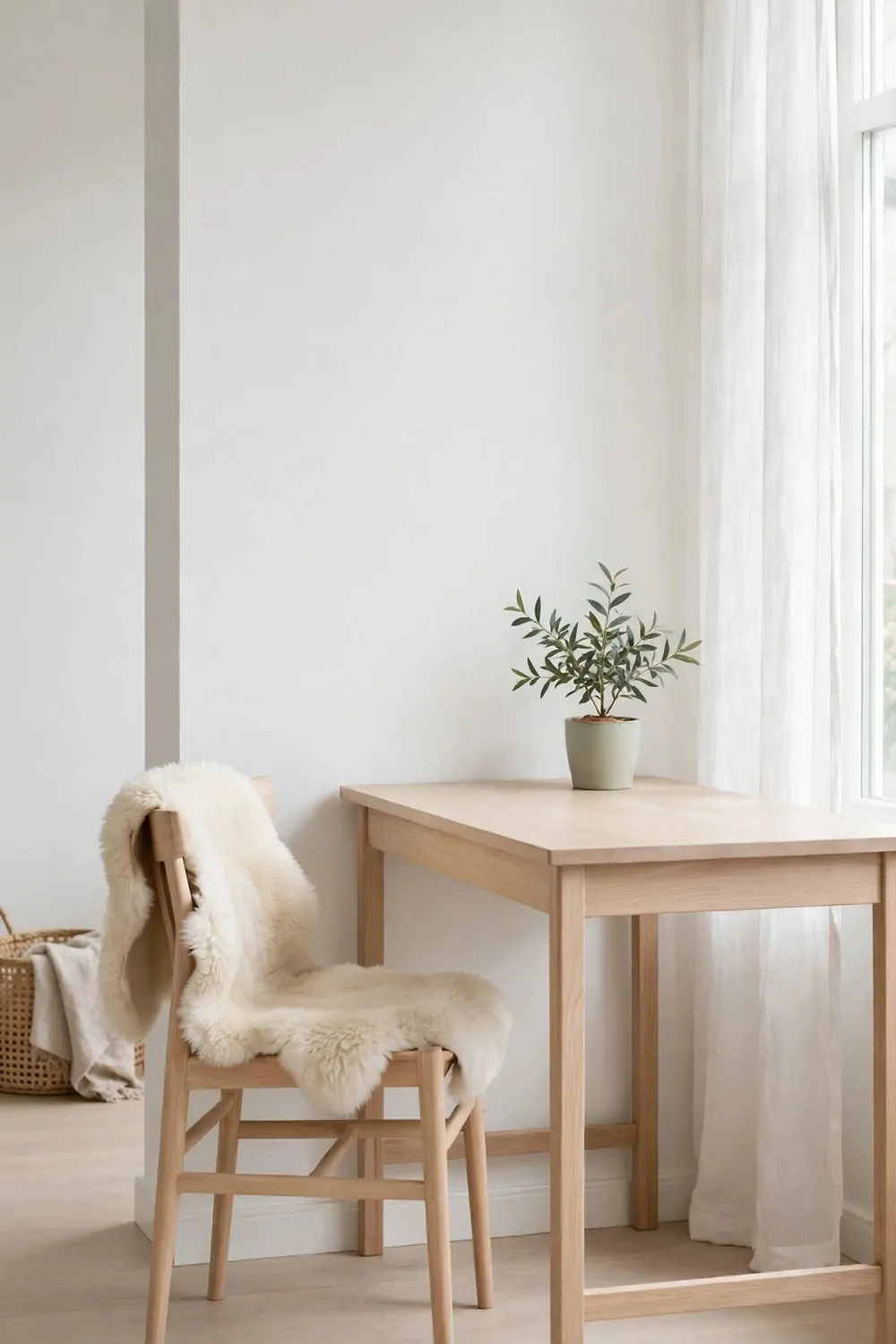 22 Work Office Inspiration Ideas for a Desk You'll Love 18 A pale oak desk with a small potted plant beside a light wood chair draped with a white sheepskin, against white walls and sheer curtains.