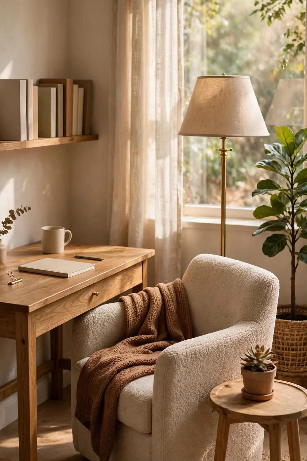 22 Work Office Inspiration Ideas for a Desk You'll Love 19 A wooden desk beside a beige boucle armchair with a brown throw, a brass floor lamp, a small round side table with a succulent, and a large leafy plant by the window.