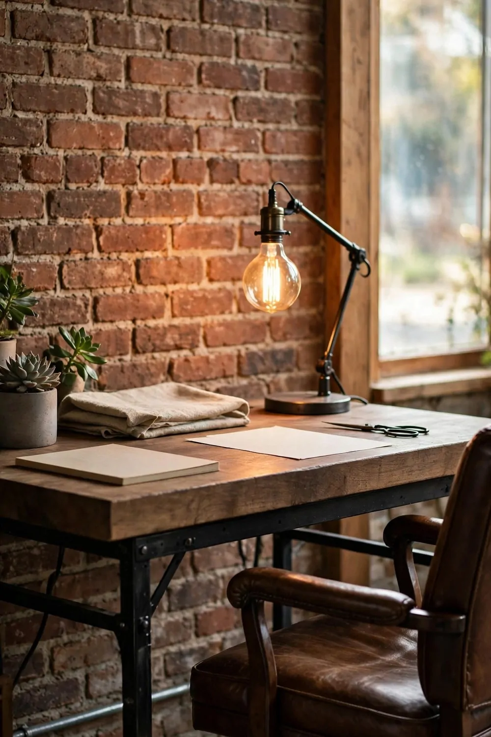 22 Work Office Inspiration Ideas for a Desk You'll Love 20 A thick wood desk with a black metal frame and a glowing Edison bulb lamp against an exposed brick wall, with a brown leather chair, succulents, and blank paper on the desk.