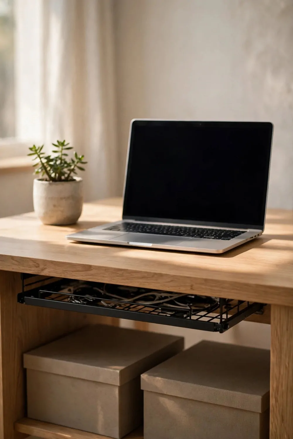 22 Work Office Inspiration Ideas for a Desk You'll Love 21 A wooden desk with a laptop with a blank black screen and a potted succulent, a black wire cable tray holding cables underneath, and two closed beige storage boxes below.