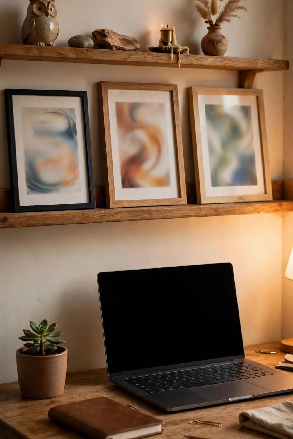 22 Work Office Inspiration Ideas for a Desk You'll Love 22 A wooden desk with a laptop with a blank black screen, a potted succulent, and a brown notebook, below shelves holding keepsakes and three framed blurred abstract prints.