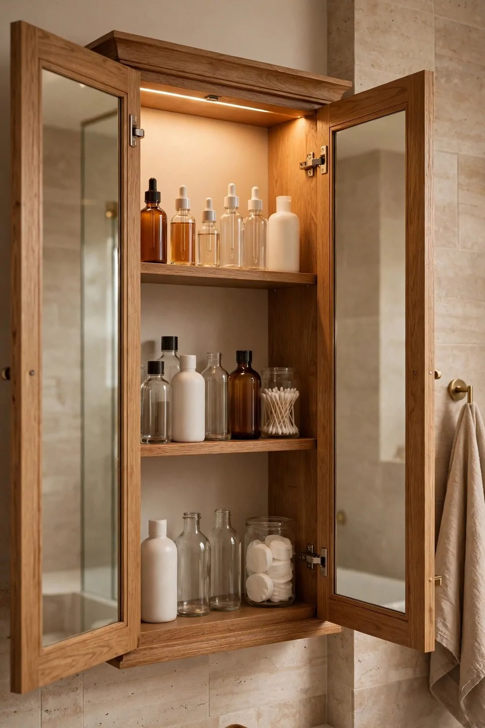 A bathroom mirror cabinet with open doors showing neat shelves of bottles inside, warm light