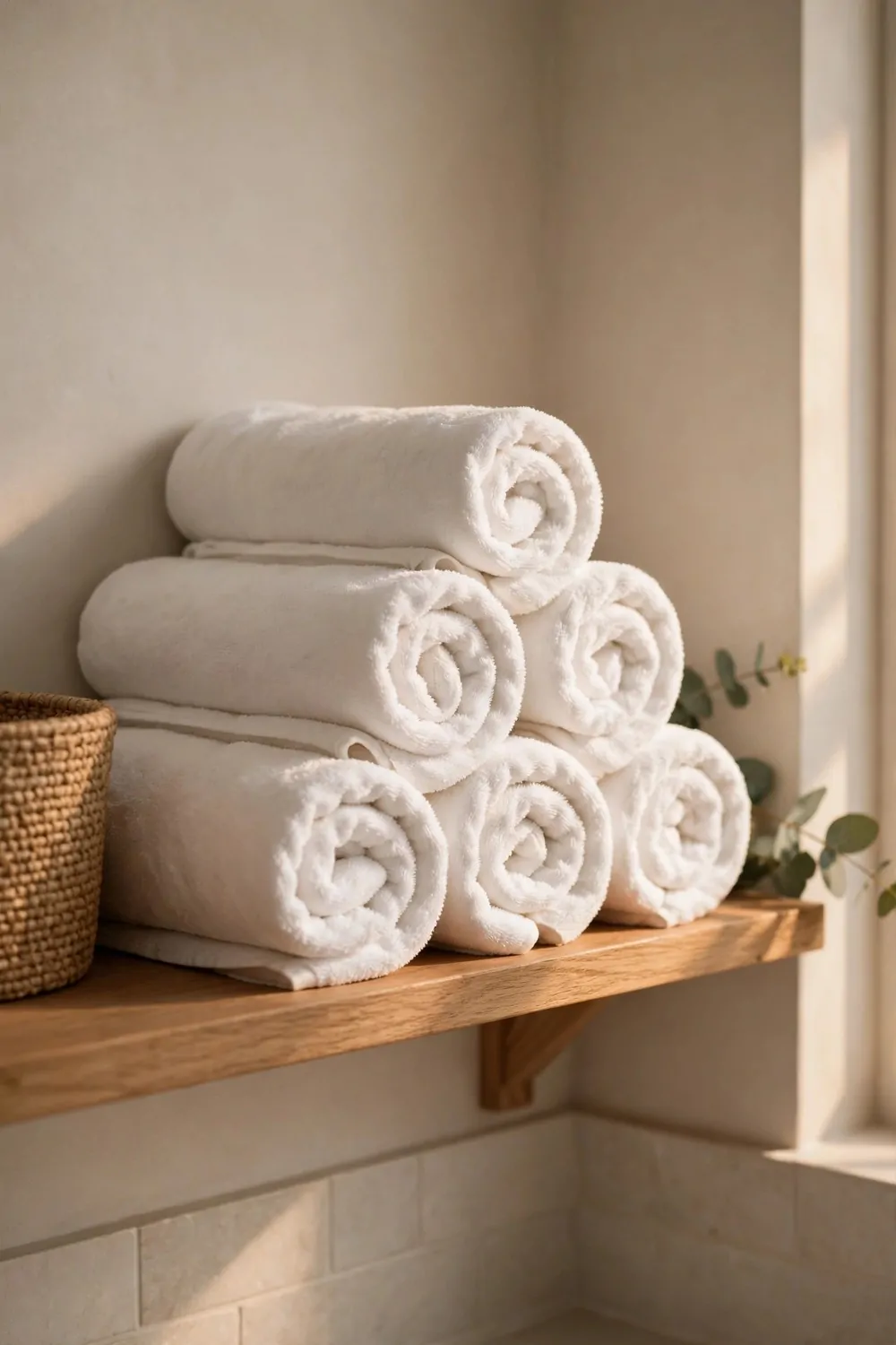 Rolled white towels stacked in a neat pile on a bathroom shelf, warm light, tidy and calm