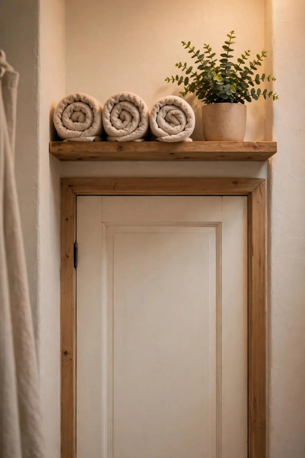 A small wooden shelf above a bathroom door holding rolled towels and a plant, warm light