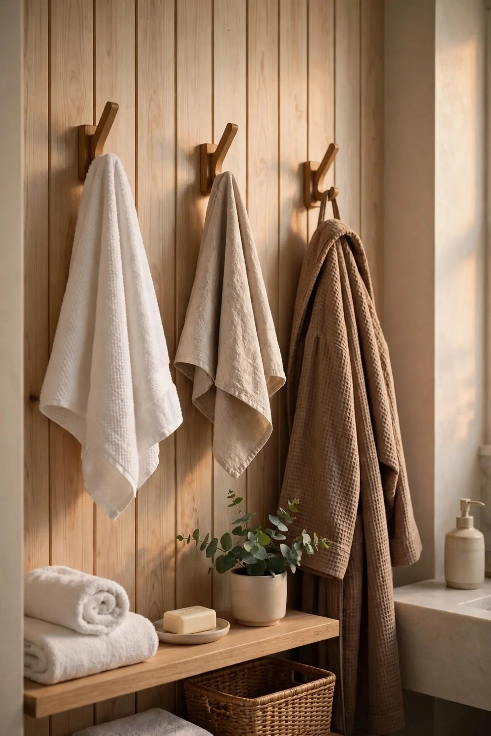 Wooden hooks on a bathroom wall holding towels and a robe, warm light, tidy bathroom