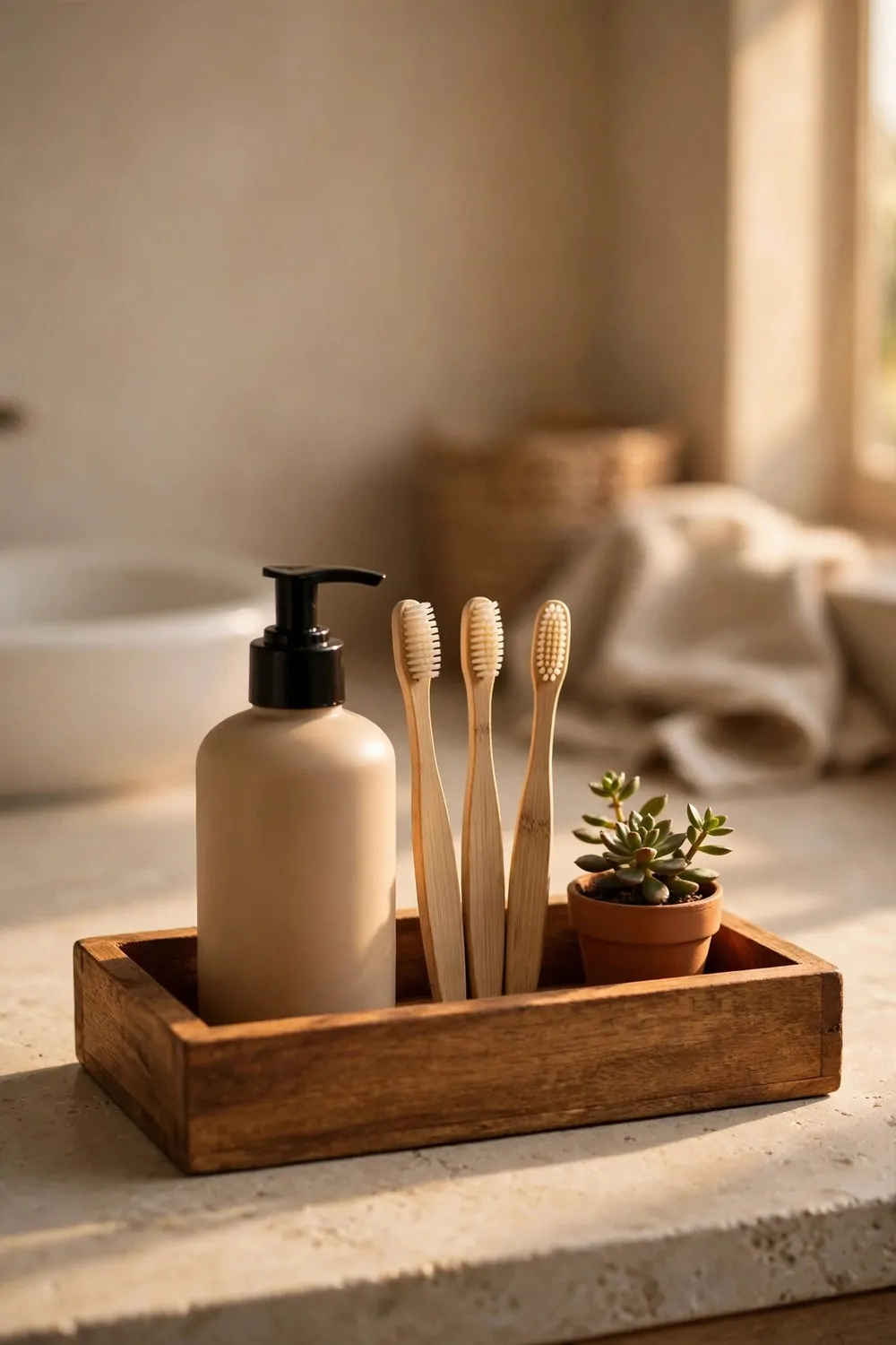A wooden tray on a bathroom counter holding a soap bottle, toothbrushes and a small plant, warm light