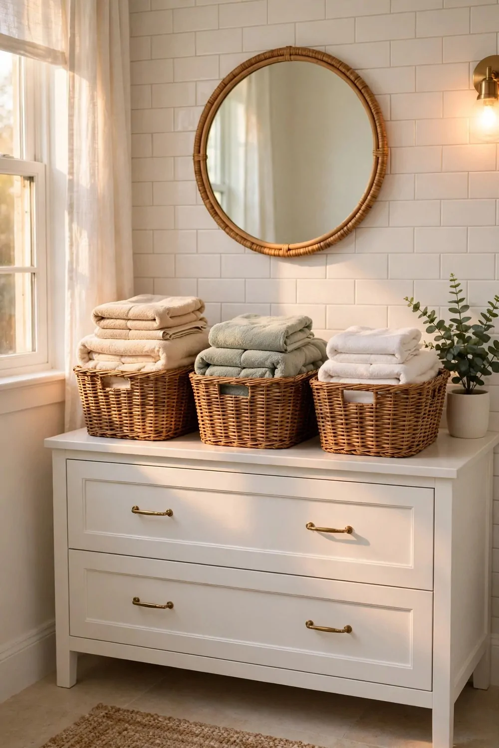 Woven baskets on top of a white bathroom cabinet holding spare towels, warm light