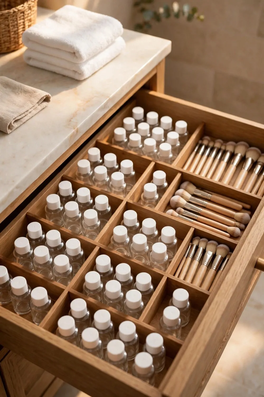 A bathroom drawer open with dividers holding small bottles and brushes in neat rows, warm light