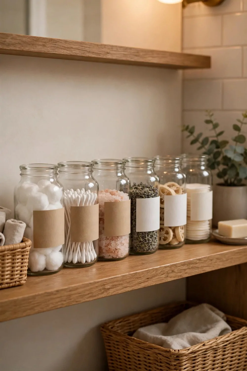 Matching glass jars with plain blank labels on a bathroom shelf, warm light, tidy storage