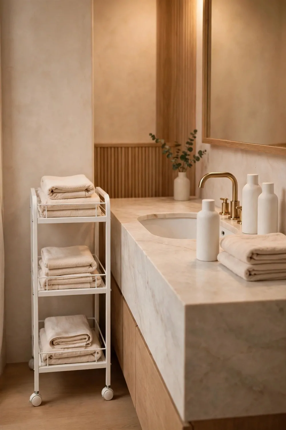 A narrow white trolley with shelves beside a bathroom sink holding folded towels, with plain bottles on the counter, warm light